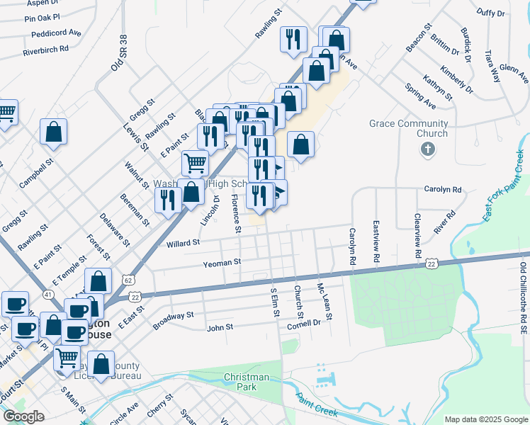map of restaurants, bars, coffee shops, grocery stores, and more near 500 South Elm Street in Washington Court House