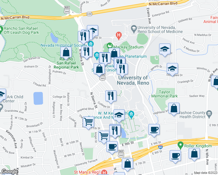 map of restaurants, bars, coffee shops, grocery stores, and more near 1425 North Virginia Street in Reno