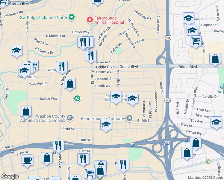 map of restaurants, bars, coffee shops, grocery stores, and more near 1325 Hillboro Avenue in Reno
