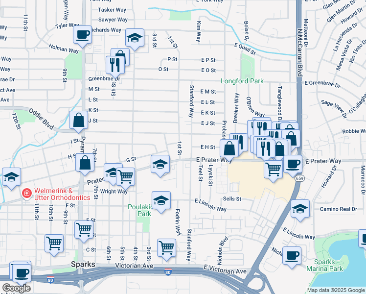map of restaurants, bars, coffee shops, grocery stores, and more near 987 Stanford Way in Sparks