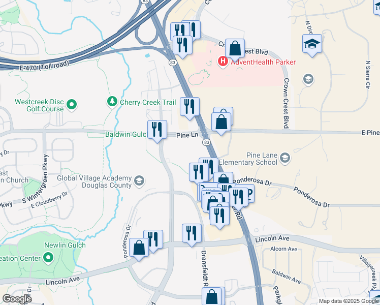 map of restaurants, bars, coffee shops, grocery stores, and more near 12405 South Parker Road in Parker
