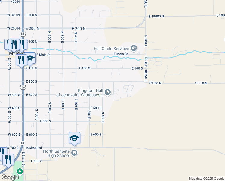 map of restaurants, bars, coffee shops, grocery stores, and more near 268 South 700 East in Mount Pleasant