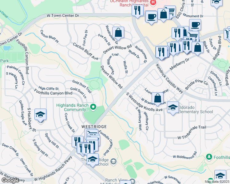 map of restaurants, bars, coffee shops, grocery stores, and more near 9571 Desert Willow Way in Littleton