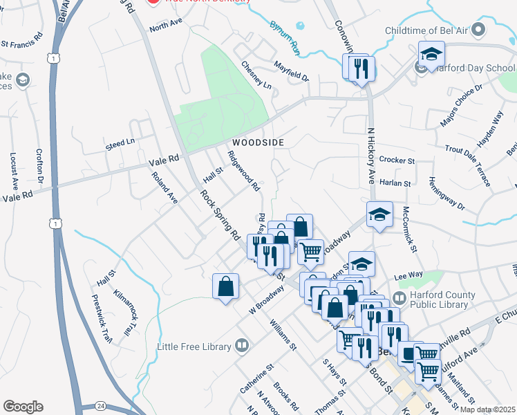 map of restaurants, bars, coffee shops, grocery stores, and more near 564 Cressy Road in Bel Air