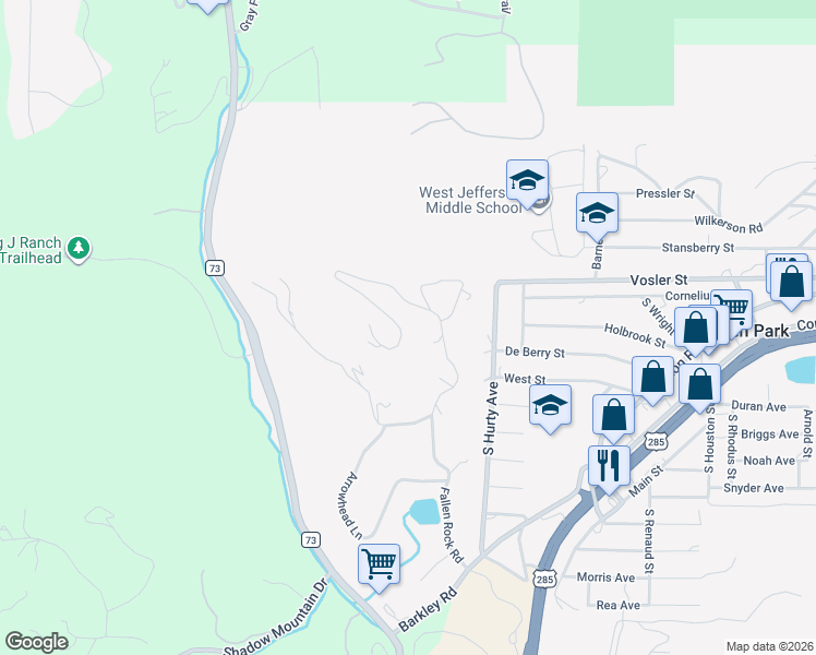 map of restaurants, bars, coffee shops, grocery stores, and more near 9239 Fallen Rock Road in Conifer