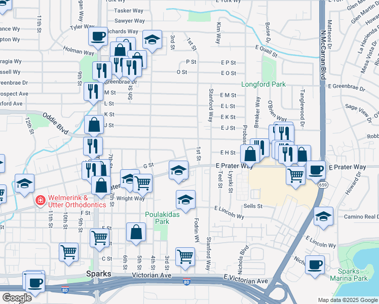 map of restaurants, bars, coffee shops, grocery stores, and more near 834 Shriver Boulevard in Sparks