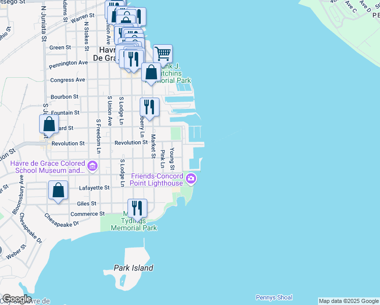 map of restaurants, bars, coffee shops, grocery stores, and more near 505 Concord Street in Havre de Grace