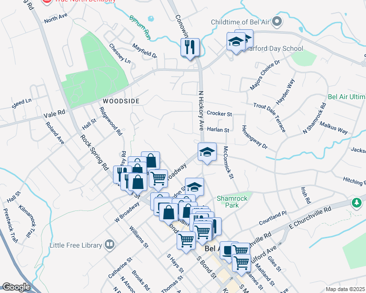 map of restaurants, bars, coffee shops, grocery stores, and more near 325 Choice Street in Bel Air