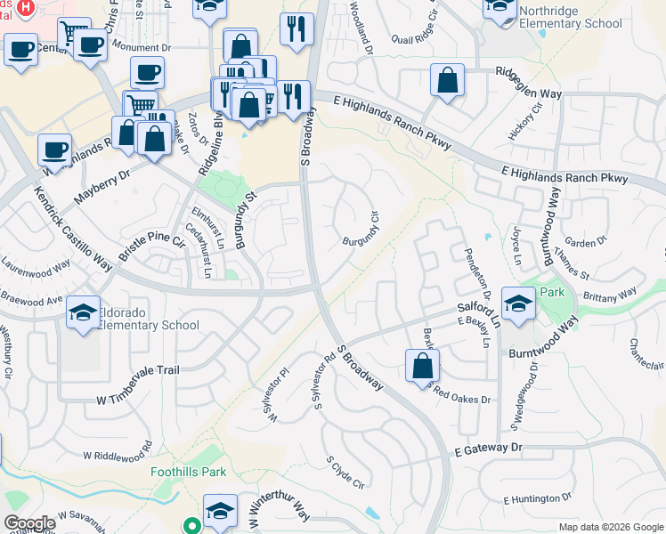 map of restaurants, bars, coffee shops, grocery stores, and more near 8 Burgundy Lane in Littleton