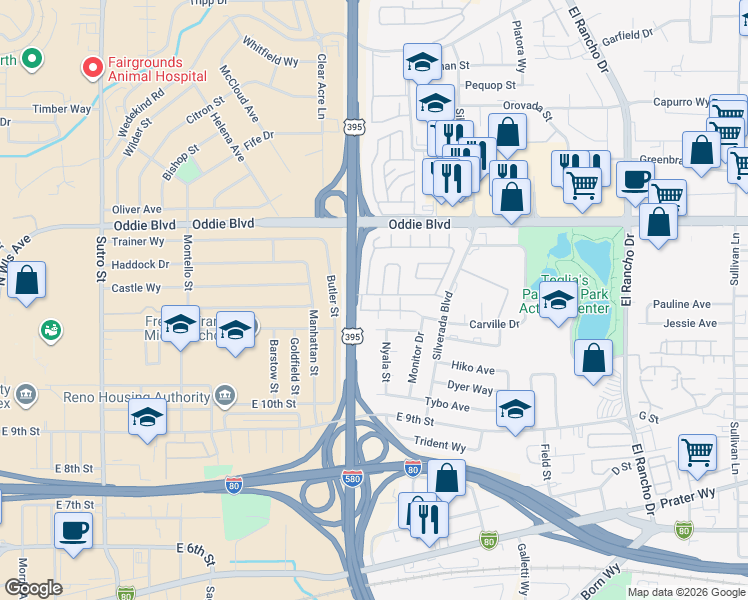 map of restaurants, bars, coffee shops, grocery stores, and more near 2065 Carville Drive in Reno