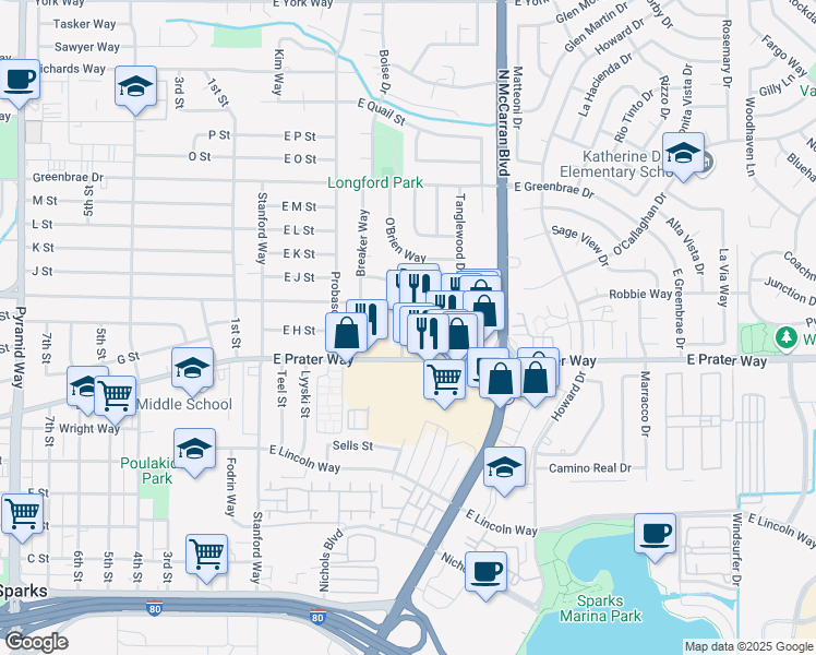map of restaurants, bars, coffee shops, grocery stores, and more near 516 East Prater Way in Sparks