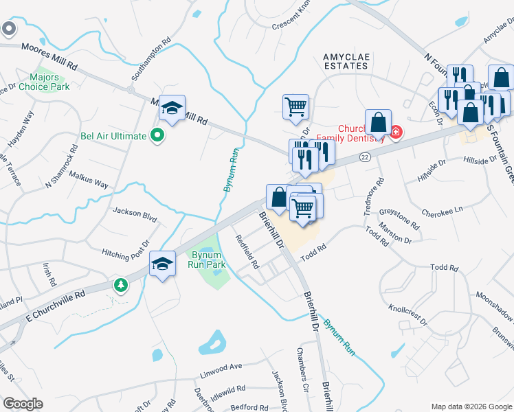 map of restaurants, bars, coffee shops, grocery stores, and more near 298 Brierhill Drive in Bel Air