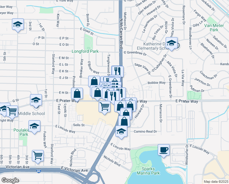 map of restaurants, bars, coffee shops, grocery stores, and more near 668 East Prater Way in Sparks