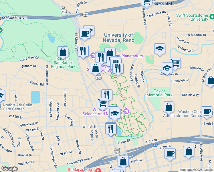 map of restaurants, bars, coffee shops, grocery stores, and more near North Virginia Street in Reno
