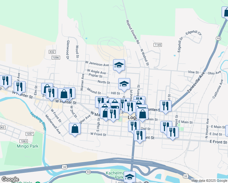 map of restaurants, bars, coffee shops, grocery stores, and more near 62 Hill Street in Logan