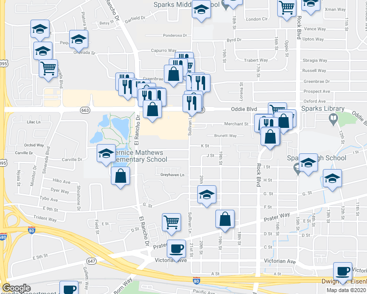 map of restaurants, bars, coffee shops, grocery stores, and more near 2120 Pauline Avenue in Sparks