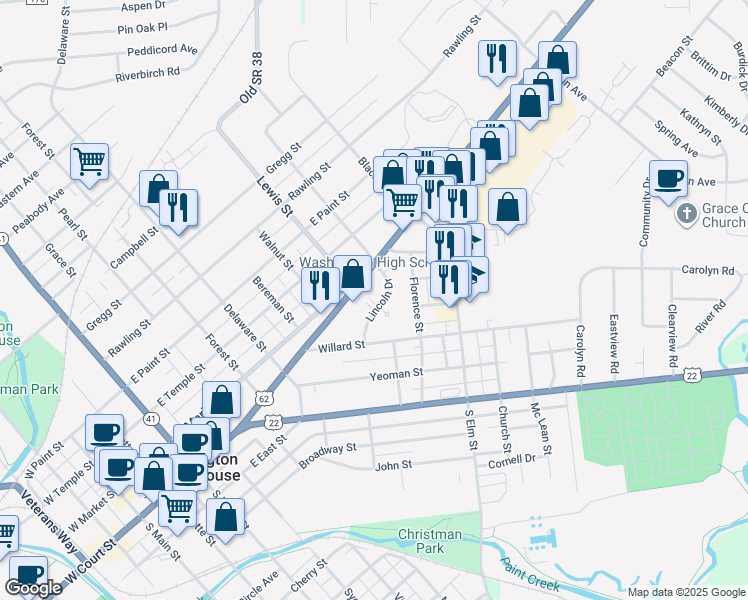 map of restaurants, bars, coffee shops, grocery stores, and more near 902 Lincoln Drive in Washington Court House