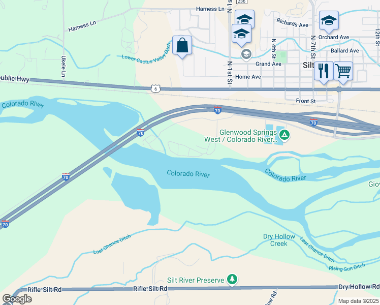 map of restaurants, bars, coffee shops, grocery stores, and more near 32956 River Frontage Road in Silt