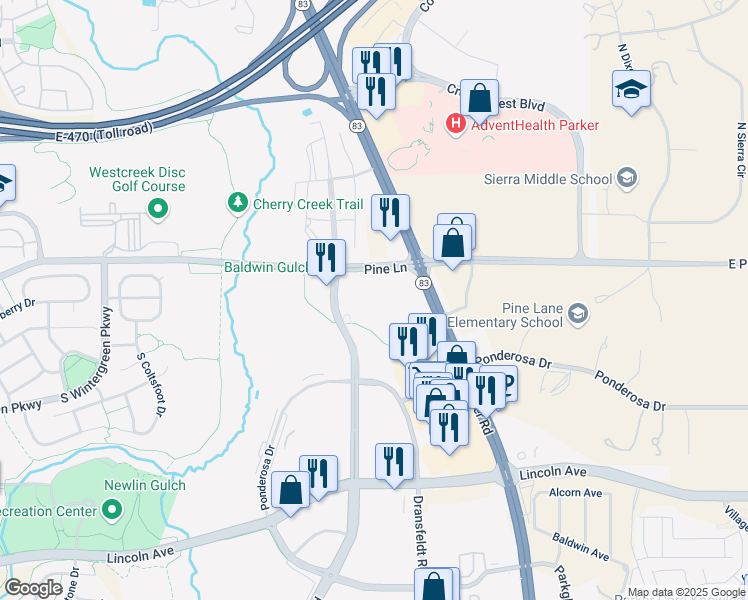 map of restaurants, bars, coffee shops, grocery stores, and more near 12405 South Parker Road in Parker