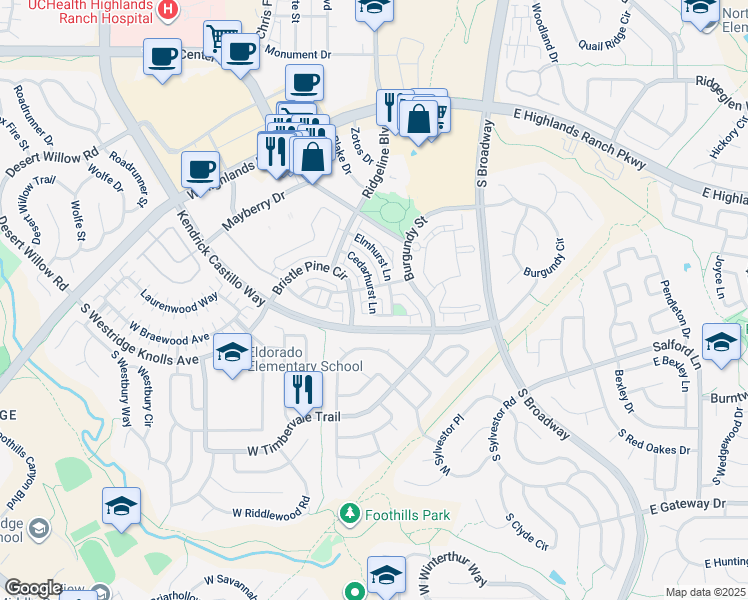 map of restaurants, bars, coffee shops, grocery stores, and more near 636 Brookhurst Avenue in Highlands Ranch
