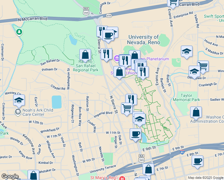 map of restaurants, bars, coffee shops, grocery stores, and more near 333 West 15th Street in Reno