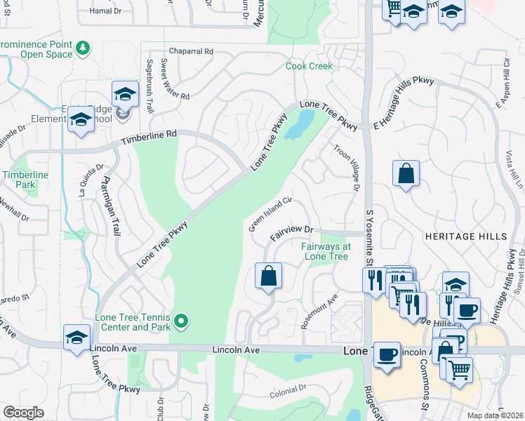 map of restaurants, bars, coffee shops, grocery stores, and more near 8425 Green Island Circle in Lone Tree