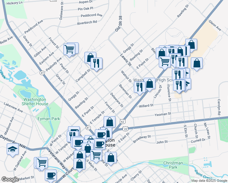 map of restaurants, bars, coffee shops, grocery stores, and more near 717 East Paint Street in Washington Court House