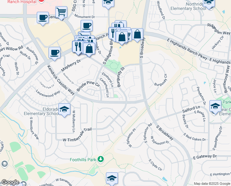 map of restaurants, bars, coffee shops, grocery stores, and more near 535 Elmhurst Way in Littleton