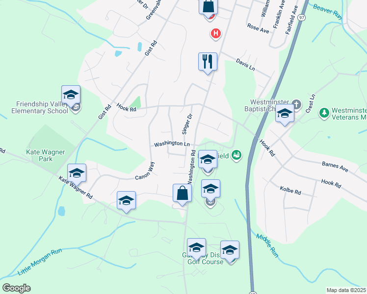 map of restaurants, bars, coffee shops, grocery stores, and more near 95 Washington Lane in Westminster