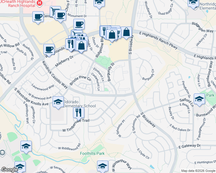 map of restaurants, bars, coffee shops, grocery stores, and more near 515 Elmhurst Way in Highlands Ranch