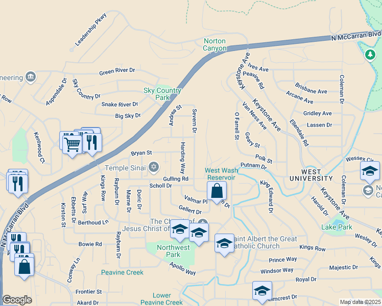 map of restaurants, bars, coffee shops, grocery stores, and more near 2785 Severn Drive in Reno