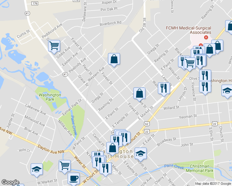 map of restaurants, bars, coffee shops, grocery stores, and more near 524 Rawling Street in Washington Court House