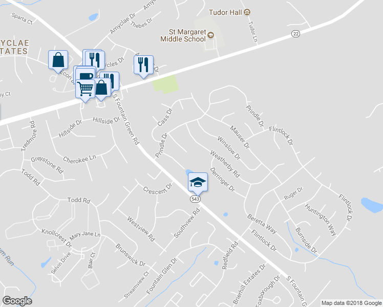 map of restaurants, bars, coffee shops, grocery stores, and more near 415 Prindle Court in Bel Air