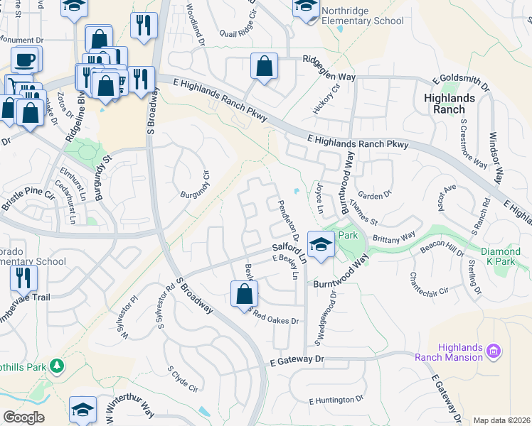 map of restaurants, bars, coffee shops, grocery stores, and more near 517 East Chiswick Circle in Littleton