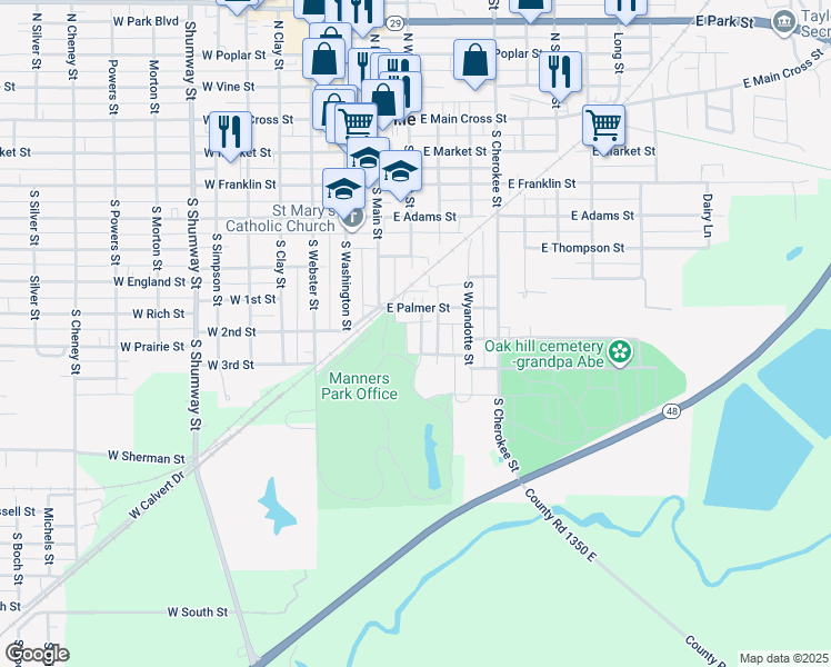 map of restaurants, bars, coffee shops, grocery stores, and more near 721 South Florence Street in Taylorville