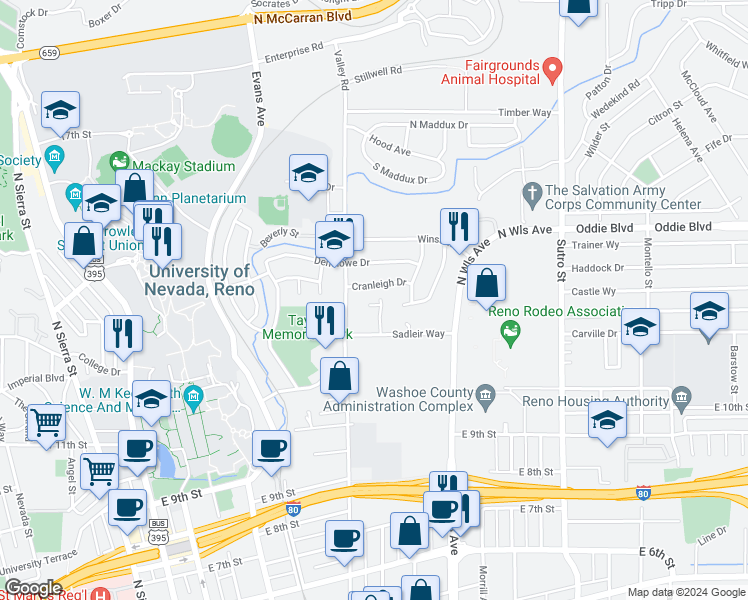 map of restaurants, bars, coffee shops, grocery stores, and more near 597 Sadleir Way in Reno