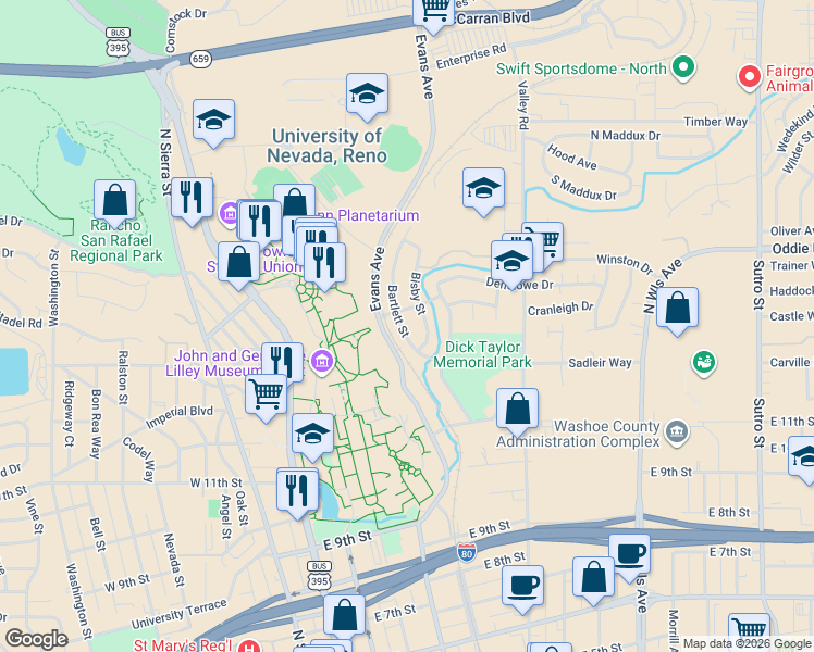map of restaurants, bars, coffee shops, grocery stores, and more near 160 Bartlett Street in Reno
