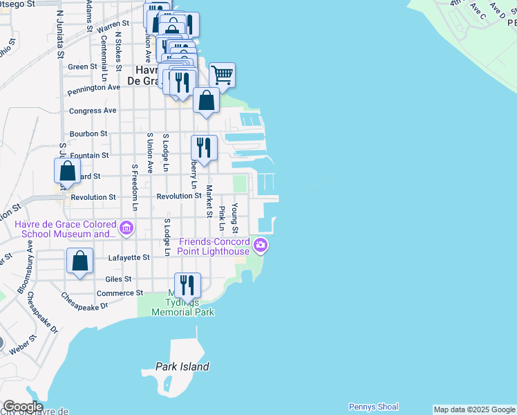 map of restaurants, bars, coffee shops, grocery stores, and more near 505 Concord Street in Havre de Grace