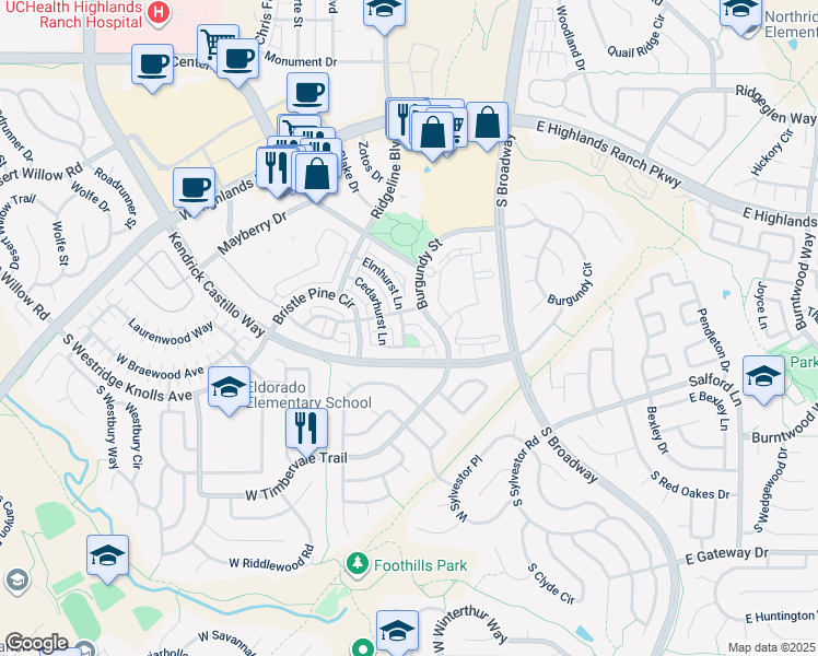 map of restaurants, bars, coffee shops, grocery stores, and more near 535 Elmhurst Way in Highlands Ranch