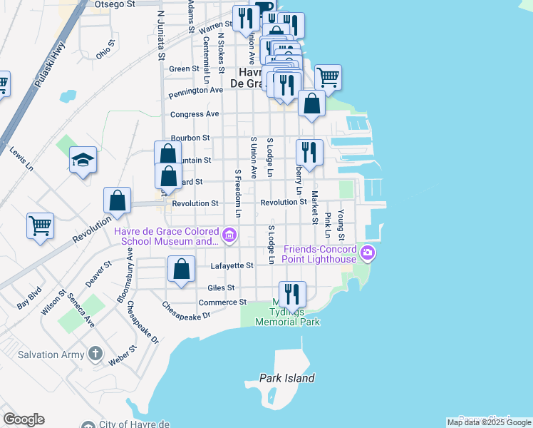 map of restaurants, bars, coffee shops, grocery stores, and more near 501 South Union Avenue in Havre de Grace