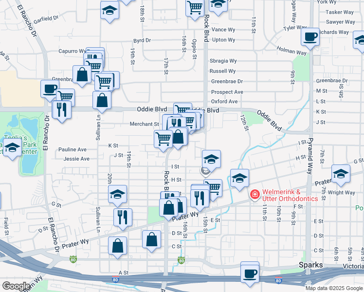 map of restaurants, bars, coffee shops, grocery stores, and more near 1088 Rock Boulevard in Sparks
