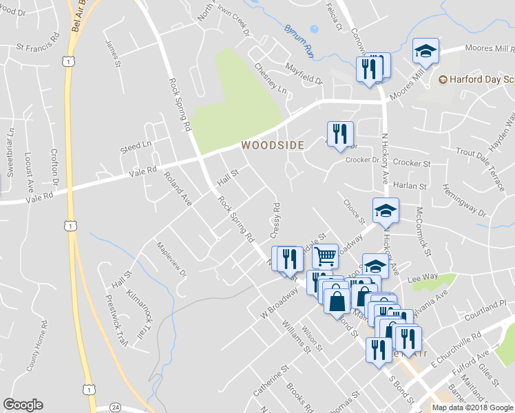 map of restaurants, bars, coffee shops, grocery stores, and more near 9 East Howard Street in Bel Air