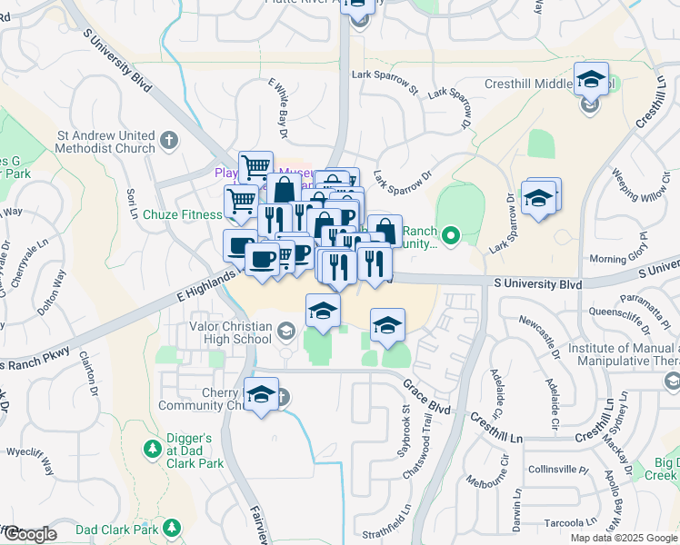 map of restaurants, bars, coffee shops, grocery stores, and more near 9563 South University Boulevard in Littleton