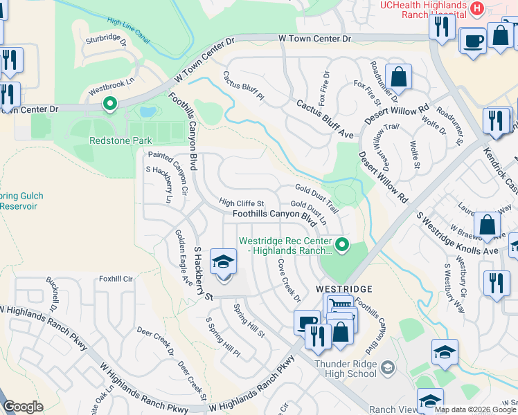 map of restaurants, bars, coffee shops, grocery stores, and more near 9565 High Cliffe Street in Littleton