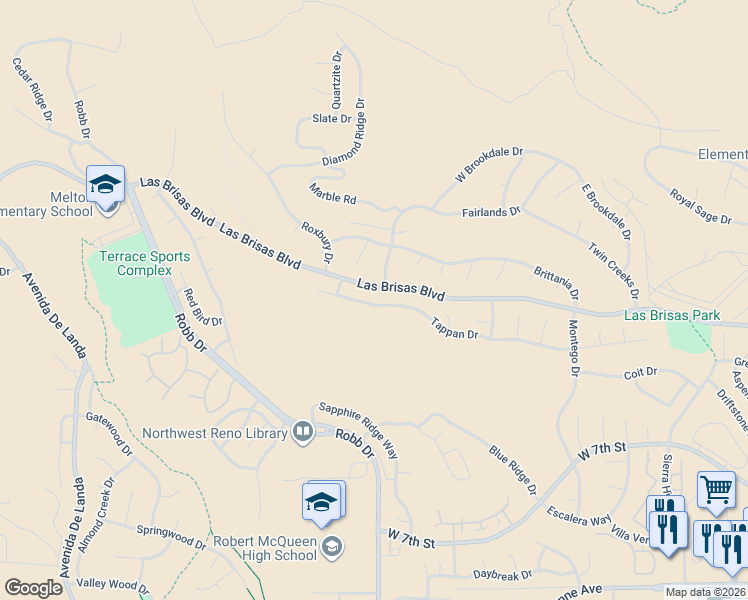 map of restaurants, bars, coffee shops, grocery stores, and more near 5735 Tappan Drive in Reno
