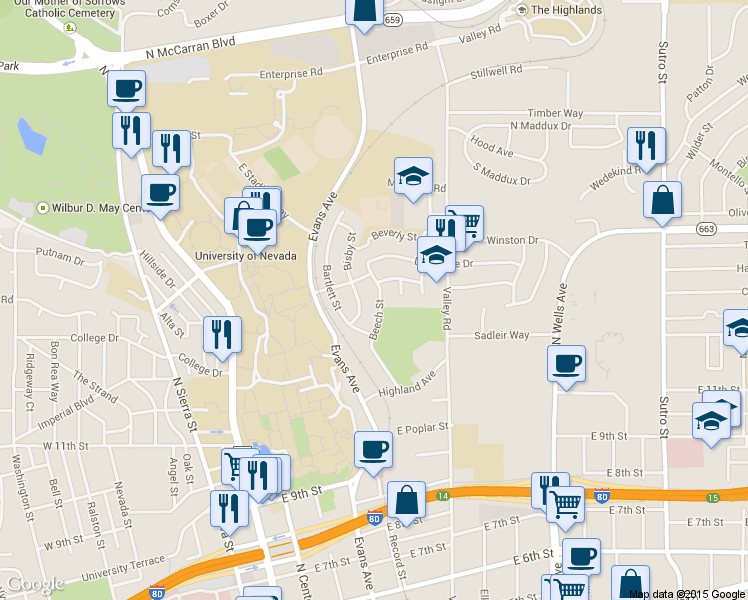 map of restaurants, bars, coffee shops, grocery stores, and more near 1625 Beech Street in Reno