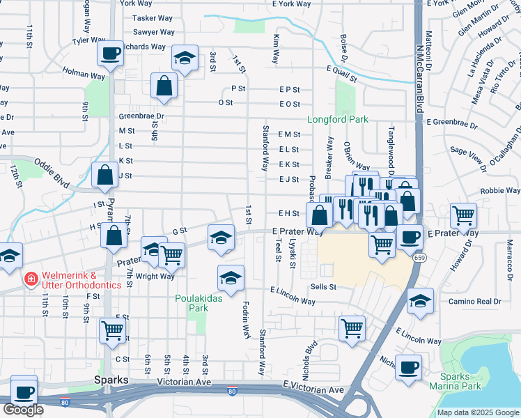 map of restaurants, bars, coffee shops, grocery stores, and more near 987 Stanford Way in Sparks