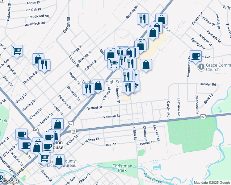 map of restaurants, bars, coffee shops, grocery stores, and more near 317 Florence Street in Washington Court House
