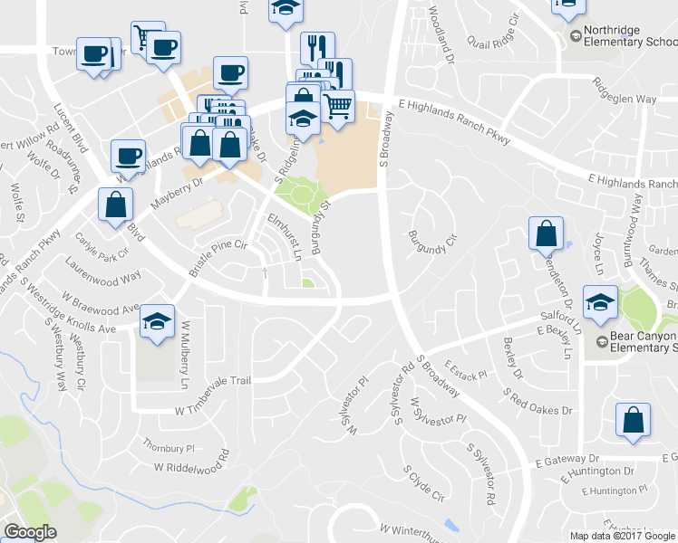 map of restaurants, bars, coffee shops, grocery stores, and more near 375 West Burgundy Street in Highlands Ranch