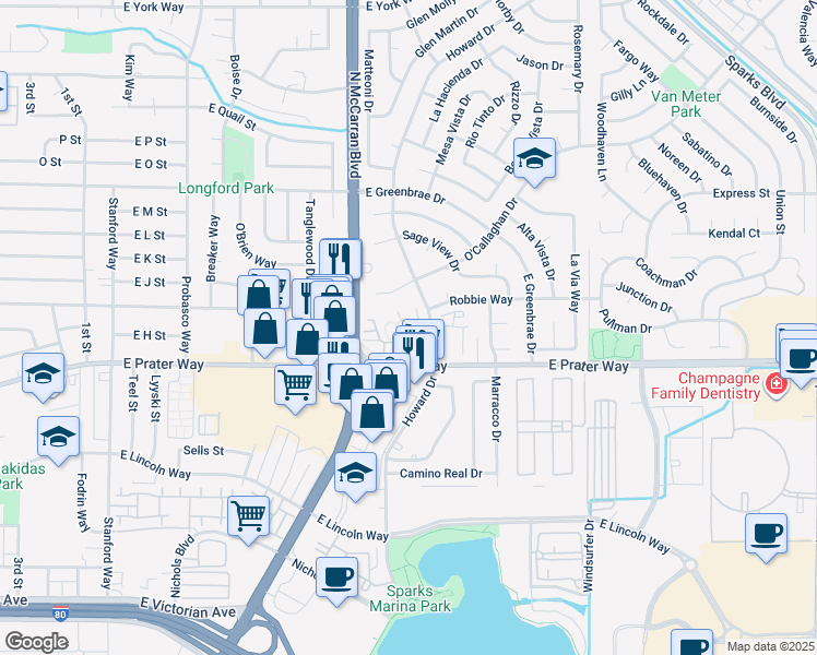 map of restaurants, bars, coffee shops, grocery stores, and more near 949 Woodside Drive in Sparks
